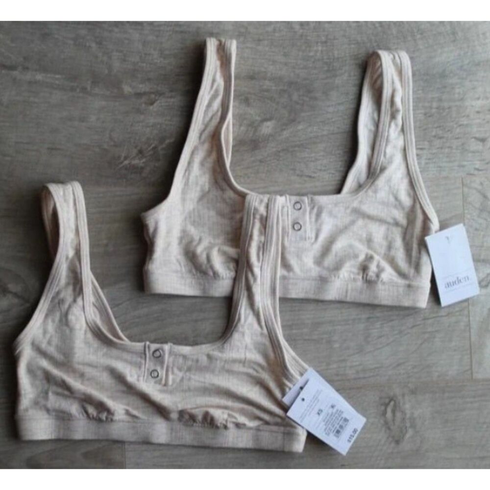 NWT Auden Ribbed Henley Bralette 2-Pack - Beige / Oatmeal, Size XS
